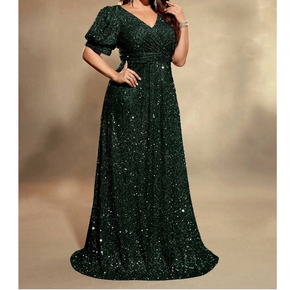 Plus Sequin Puff Sleeve High Waisted Party Formal Wedding Dress - Picture 5 of 9